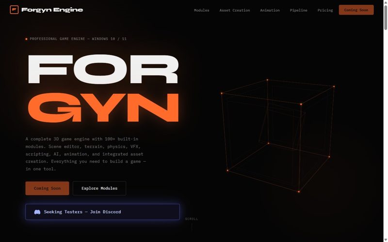 Forgyn Engine 3D game engine landing page, hand-coded by 7th Floor Designs