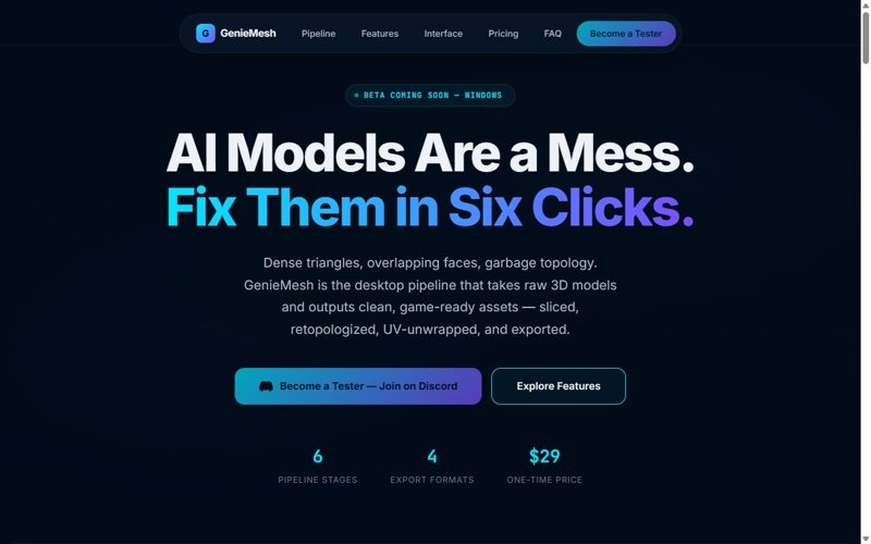 GenieMesh 3D mesh repair tool product landing page, hand-coded by 7th Floor Designs