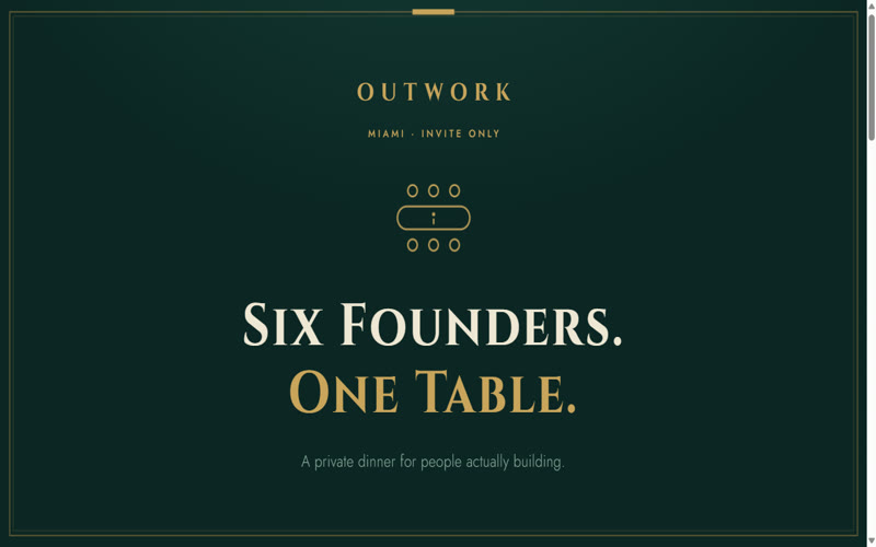 Outwork invite-only founder dinner club website hero, hand-coded by 7th Floor Designs