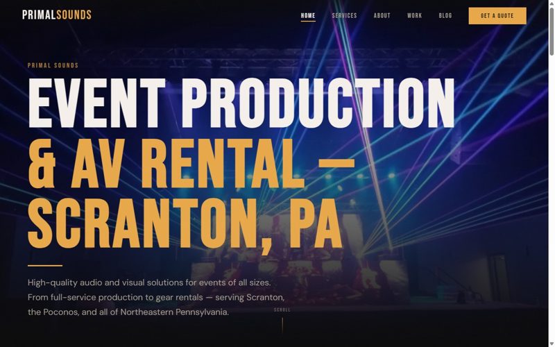 Primal Sounds event production website homepage, hand-coded by 7th Floor Designs